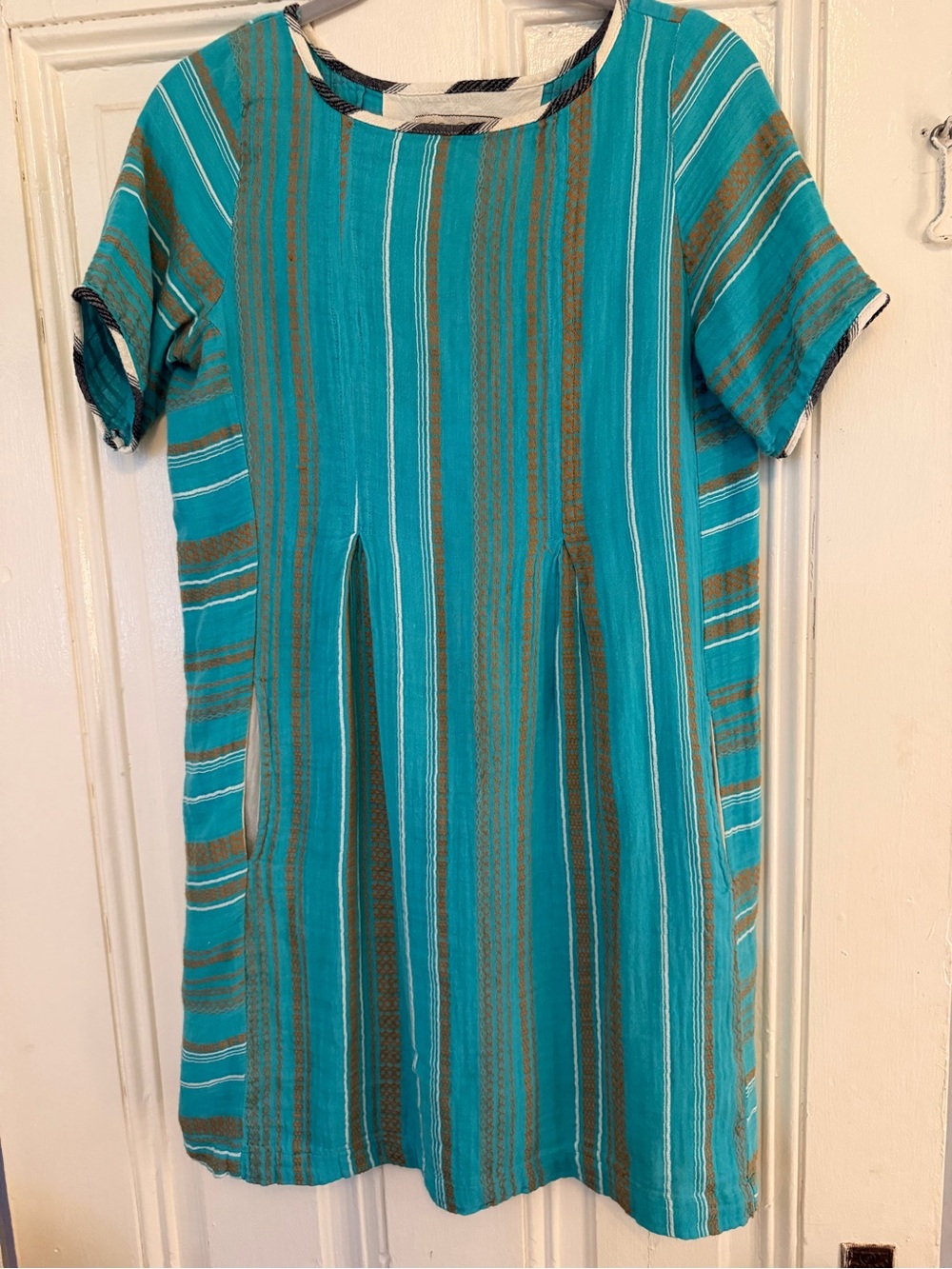 Ace &jig Women’s Teal Striped Short-Sleeve Dress size small cotton gauze pockets
